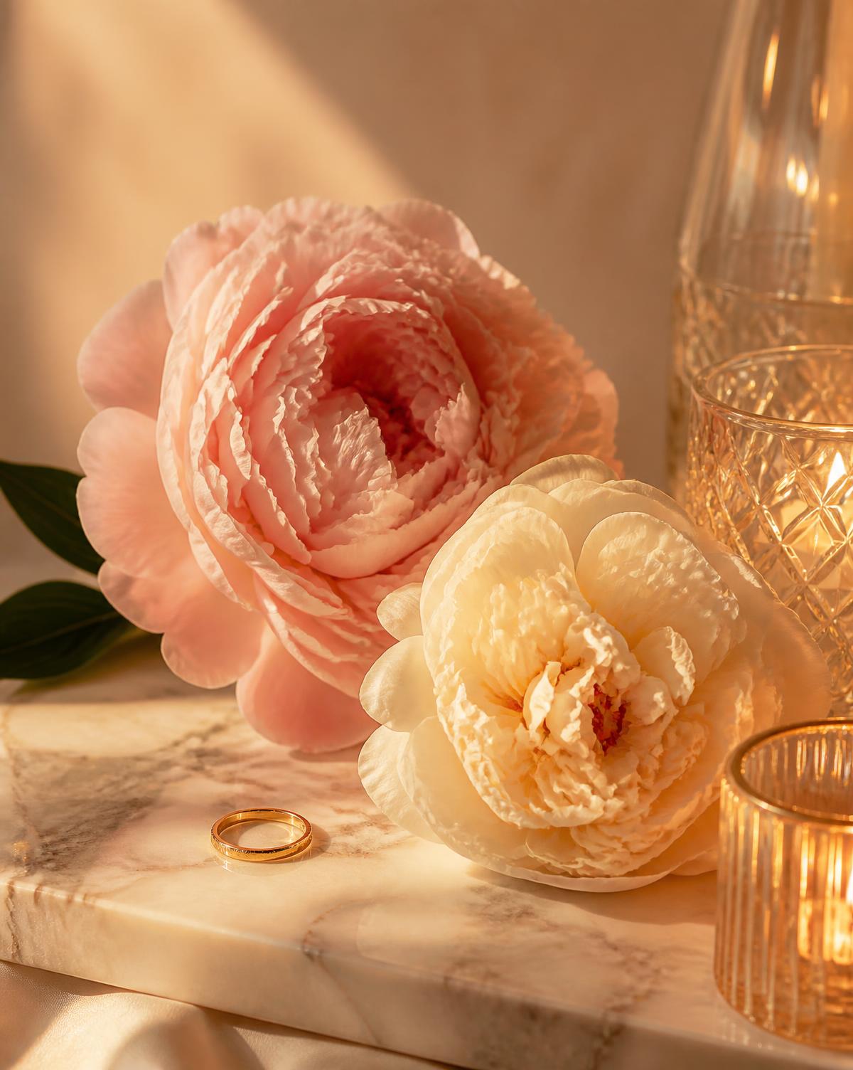 Blush and ivory peonies on cream marble beside a gold ring and candlelight