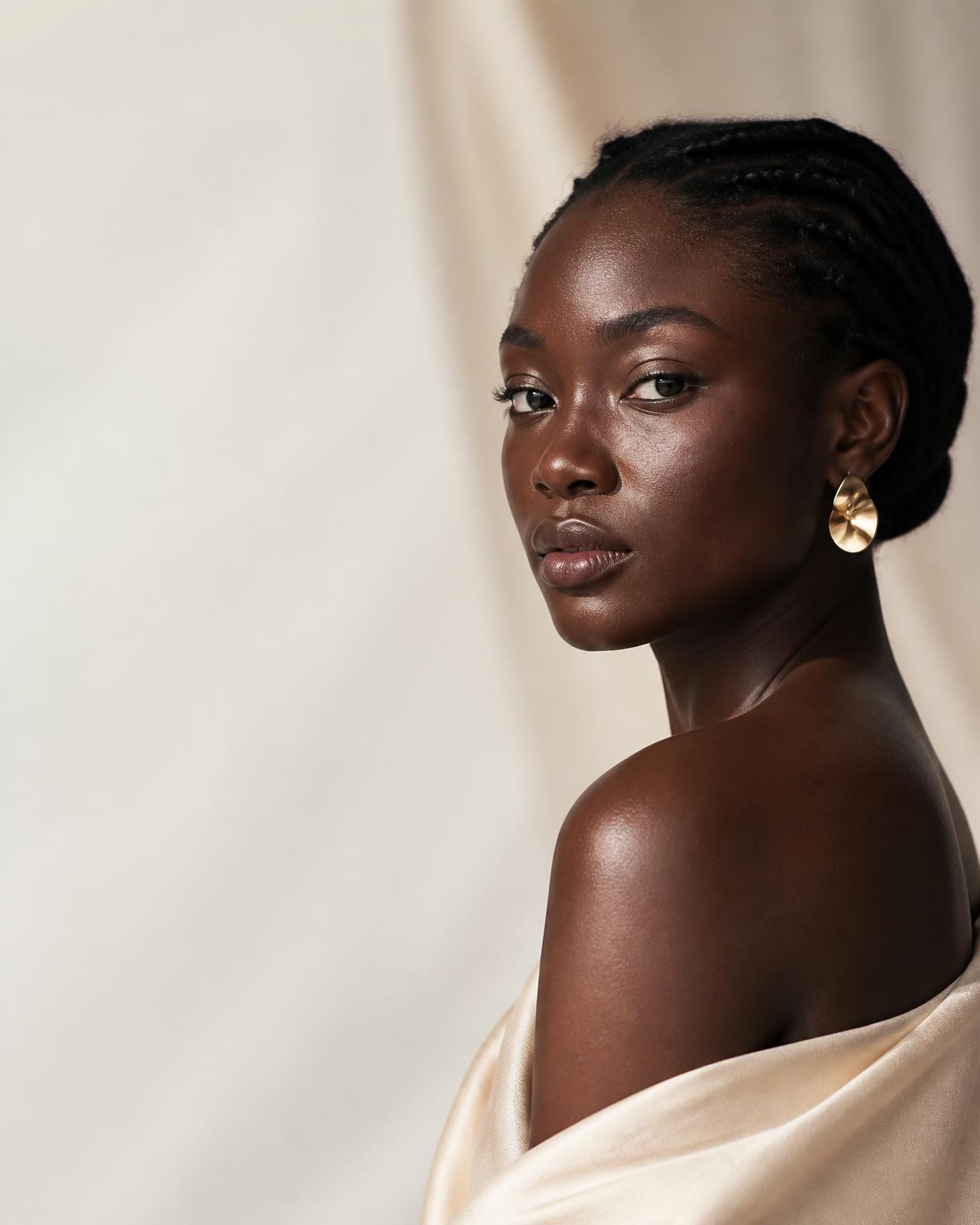 Editorial beauty portrait of a woman with a sculptural gold earring, photographed in soft natural light